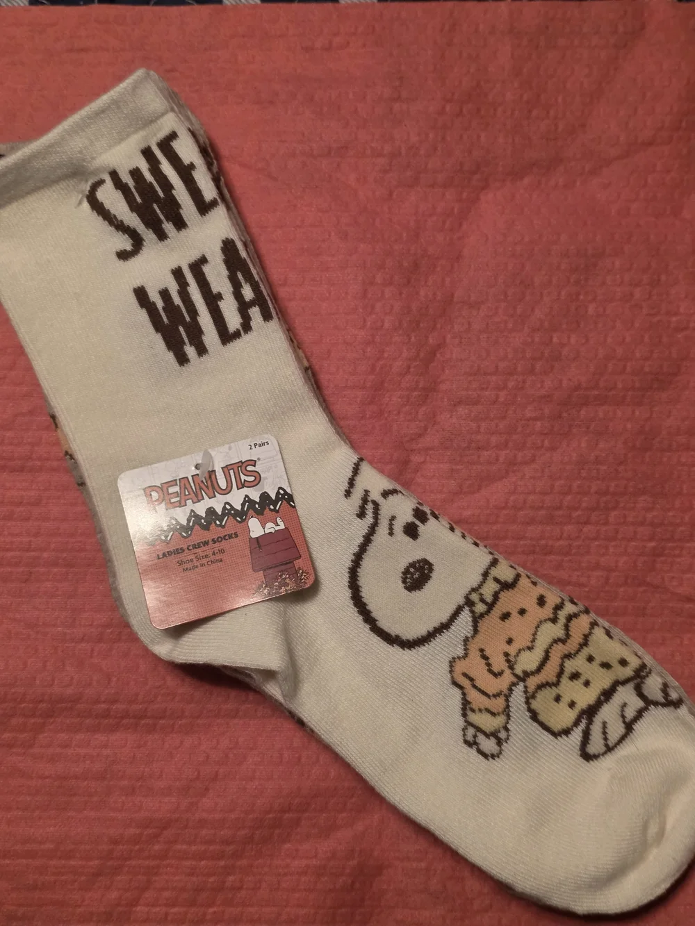 Peanuts 2 Pc Set Cream Snoopy Crew Socks with Orange Accents 4-10 Unisex